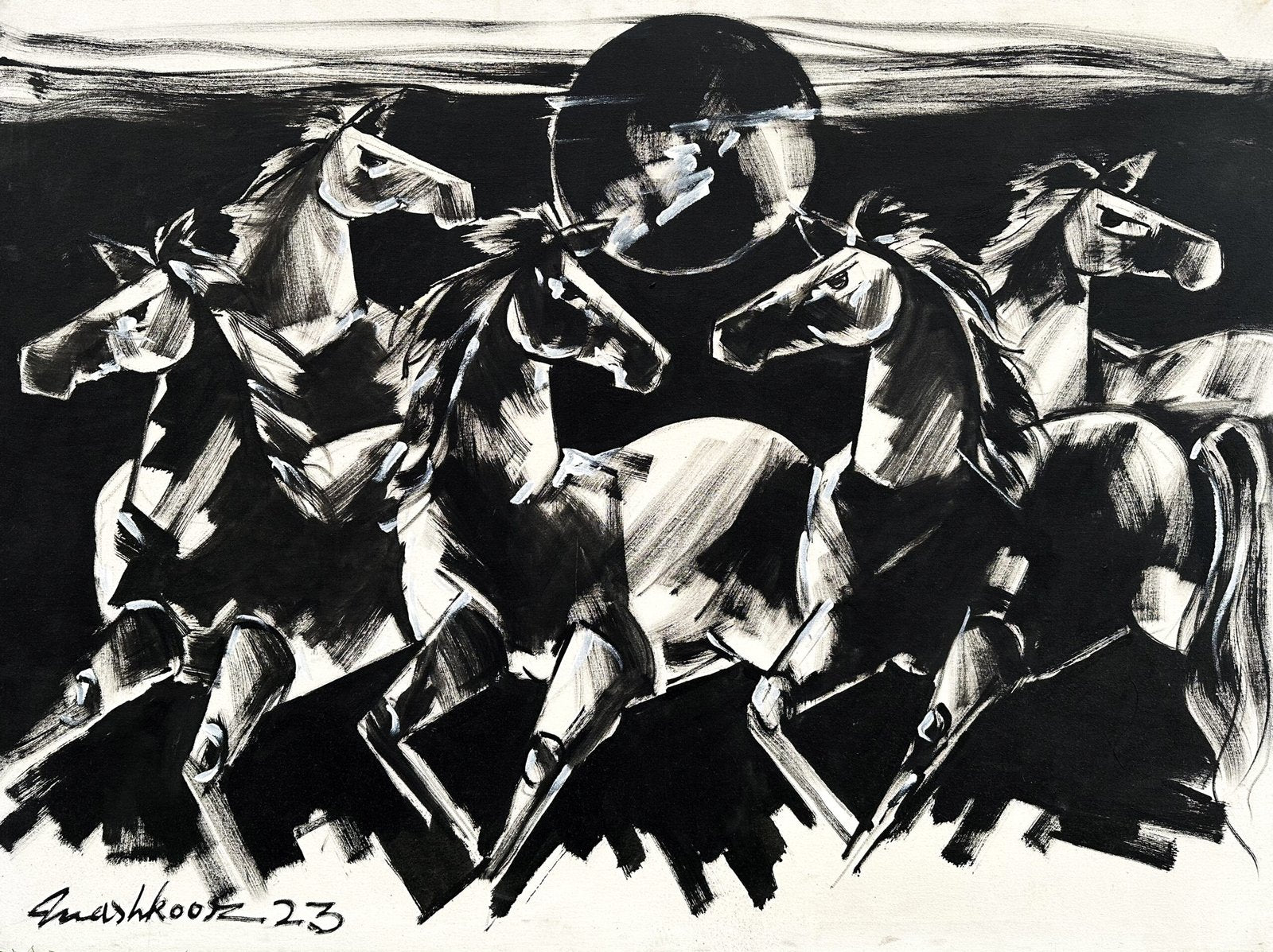 Mashkoor Raza Nocturnal Stampede Oil on Canvas 36x48 inches Black White Horses