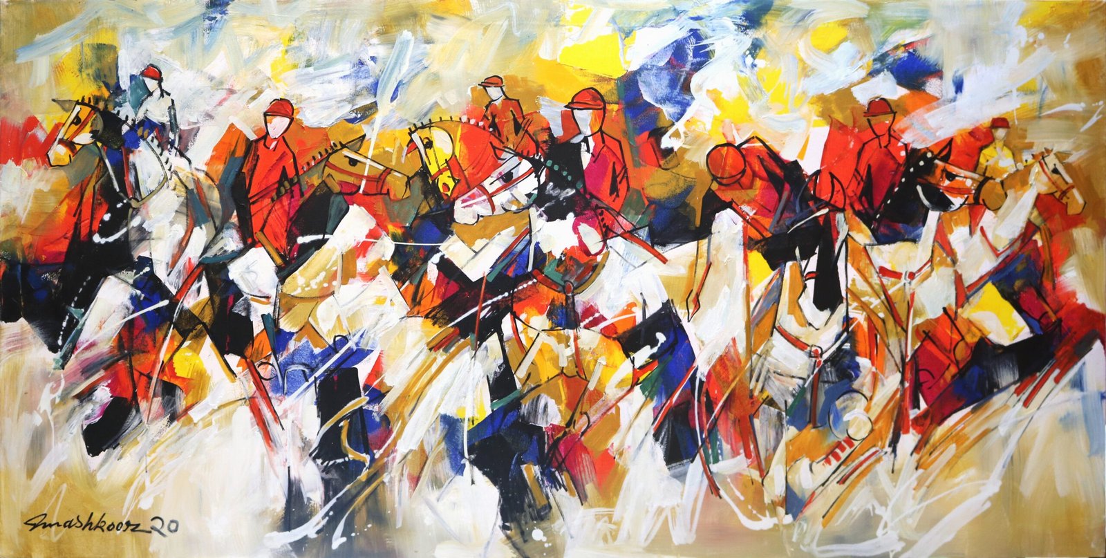 Mashkoor Raza Polo Charge Oil on Canvas 36x72 inches Large Sport Painting
