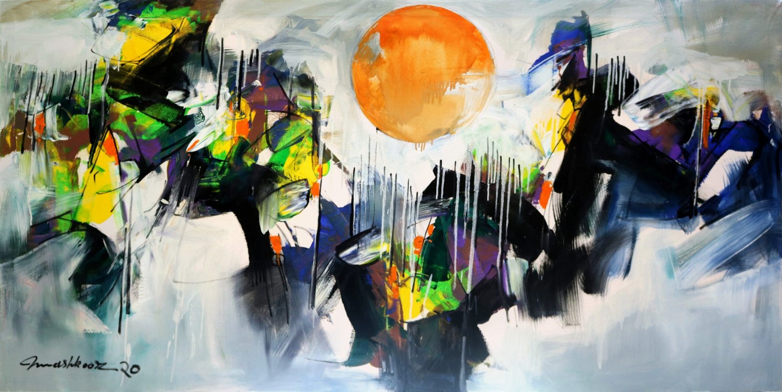 Mashkoor Raza Solar Abstraction Oil on Canvas 36x72 inches Large Abstract