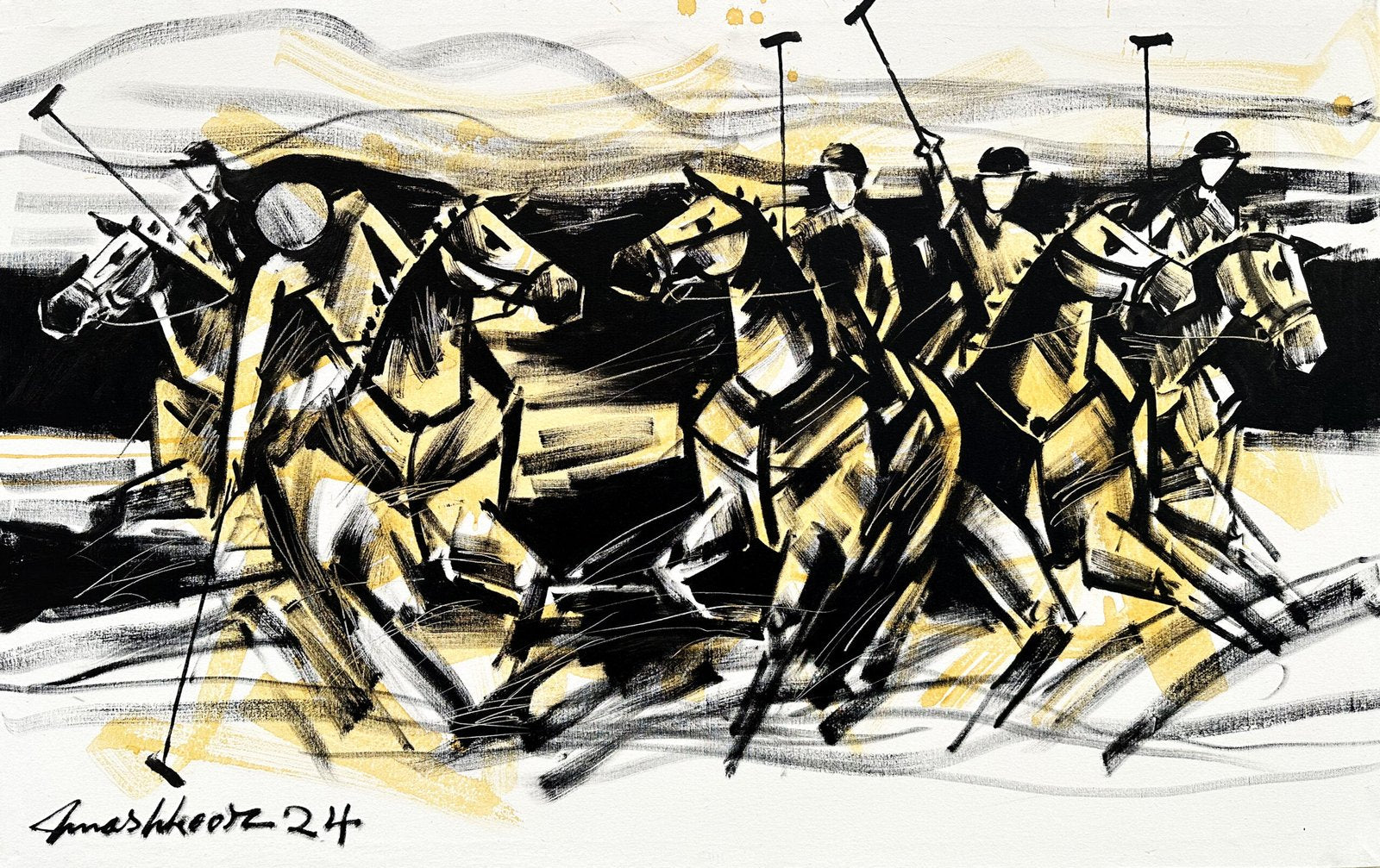Mashkoor Raza Sunlit Polo Momentum Oil on Canvas 30x48 inches Sport Art