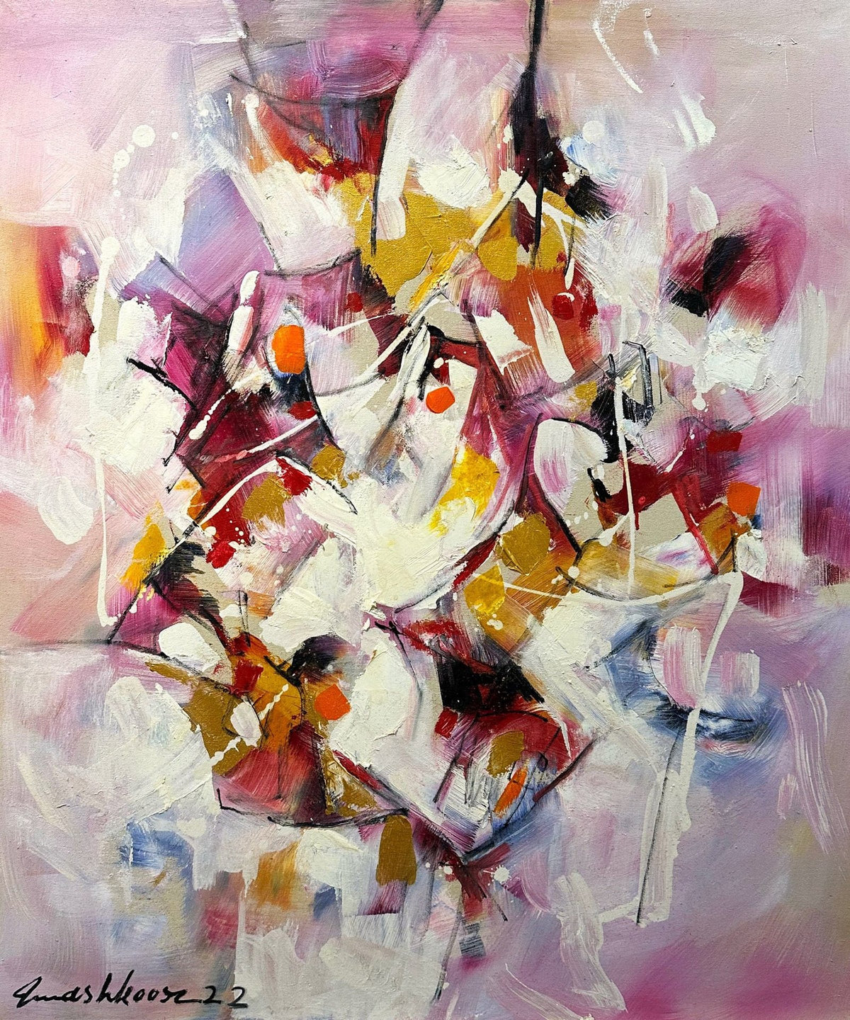 Original Polo Abstract oil painting on canvas by Mashkoor Raza featuring pink gold and maroon tones size 30x36 inches.