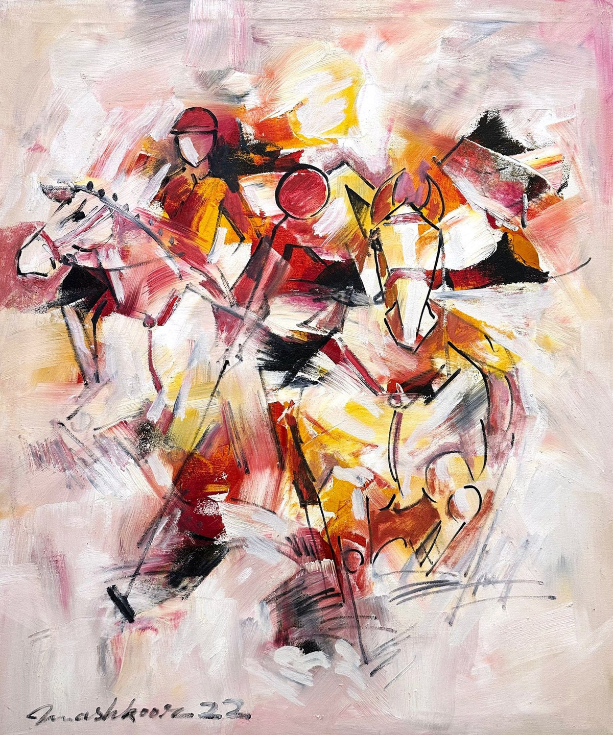 Colorful Polo Abstract original oil painting on canvas by Mashkoor Raza with vibrant red, orange, and yellow brush strokes.