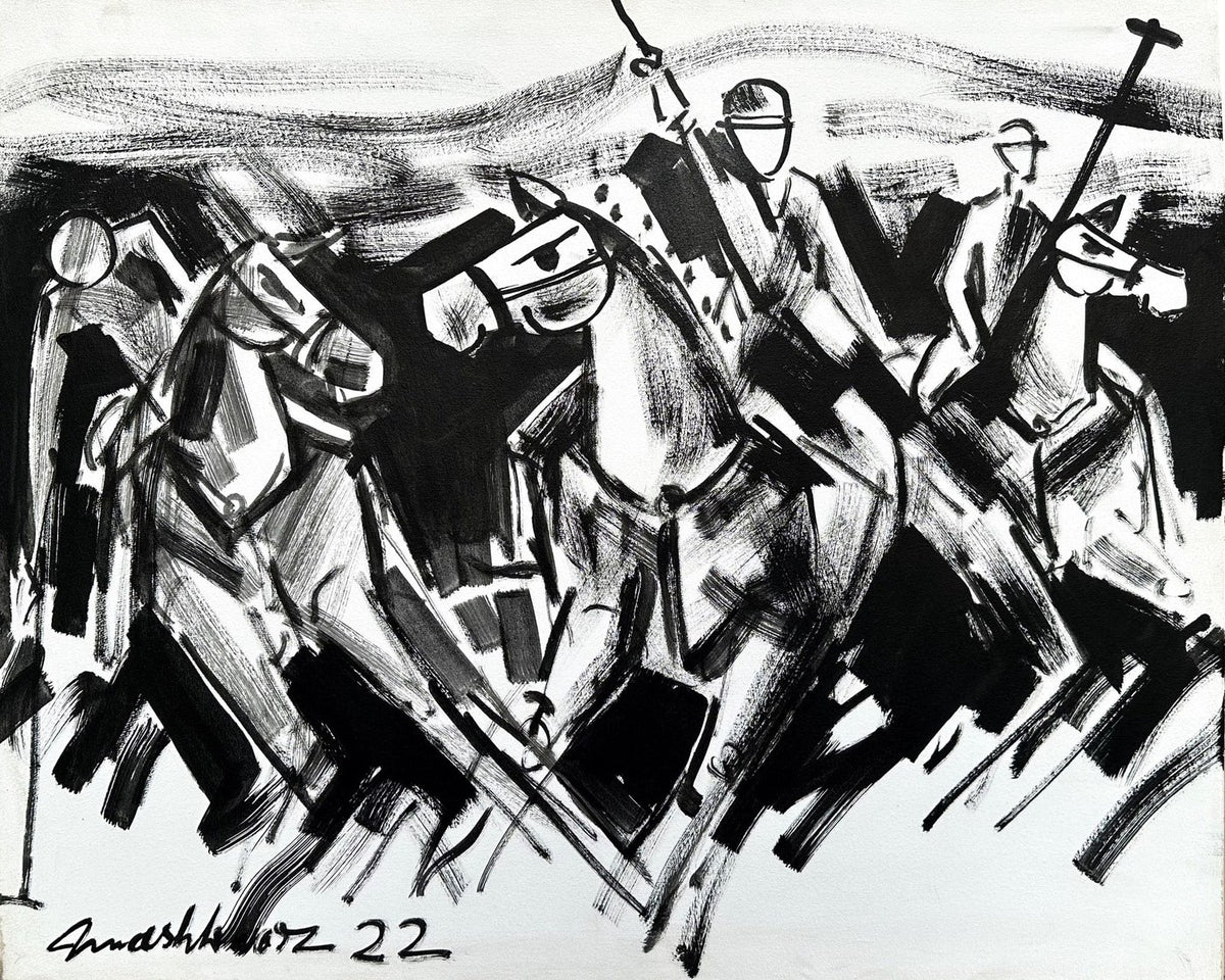 Mashkoor Raza original oil painting titled Polo Player black and white abstract action artwork.