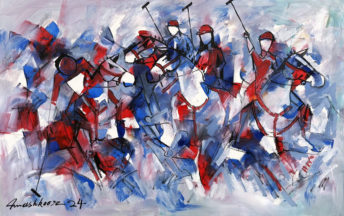 Polo Players oil painting on canvas by Mashkoor Raza showing horses and riders in dynamic red and blue abstract style.