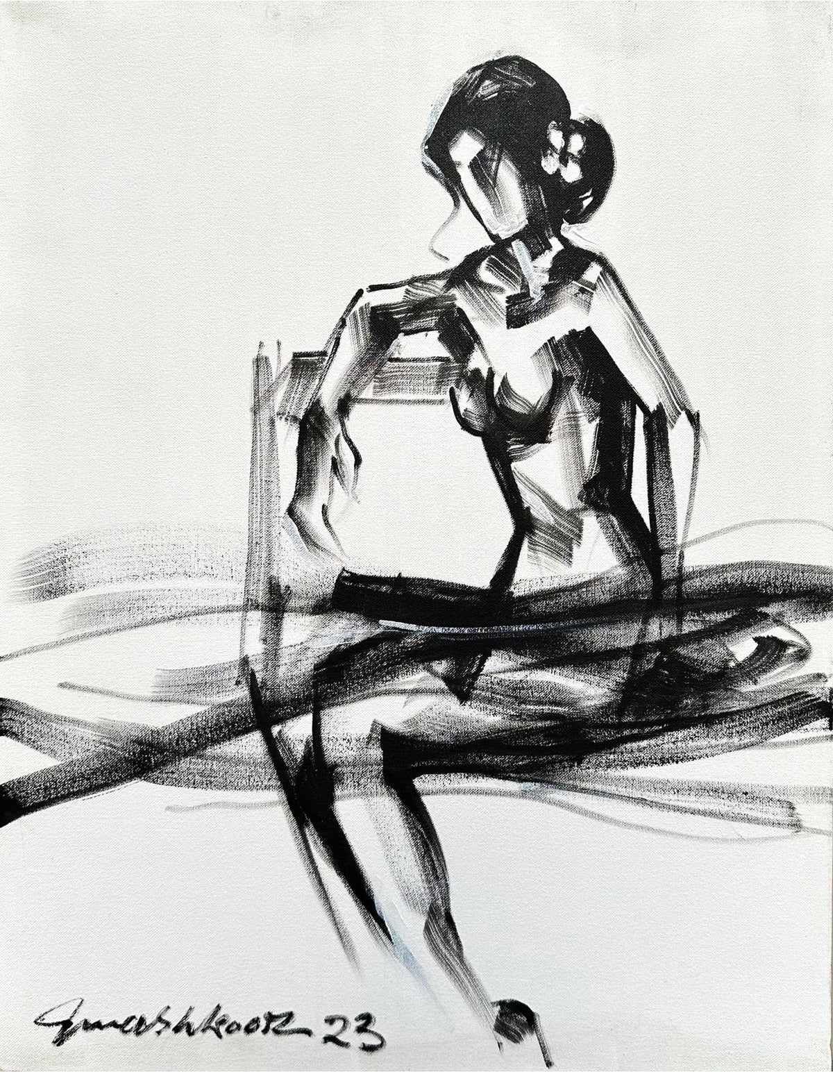 Woman monochrome figurative oil painting on canvas by Mashkoor Raza showing seated female figure.