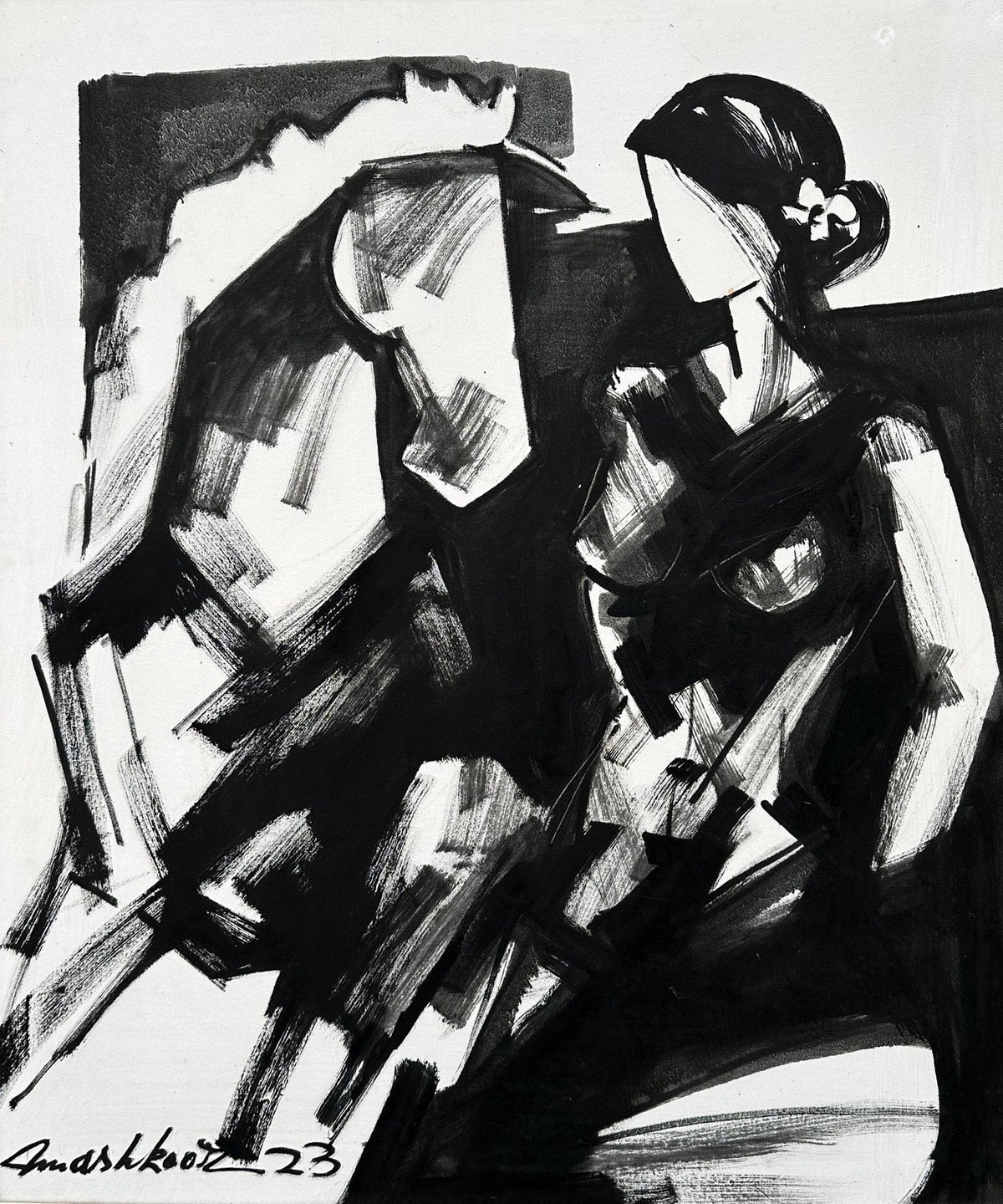 Mashkoor Raza original oil painting titled Woman with Horse black and white abstract canvas art.