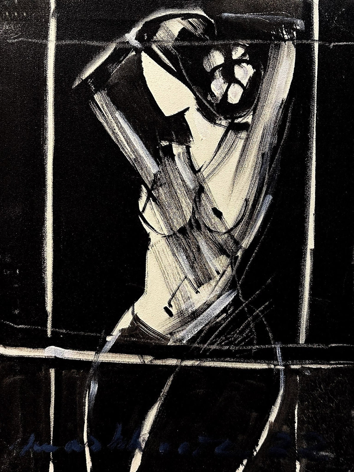 Mashkoor Raza Woman abstract figurative oil painting on canvas 12x16 inches black and white portrait of woman with gestural brushstrokes