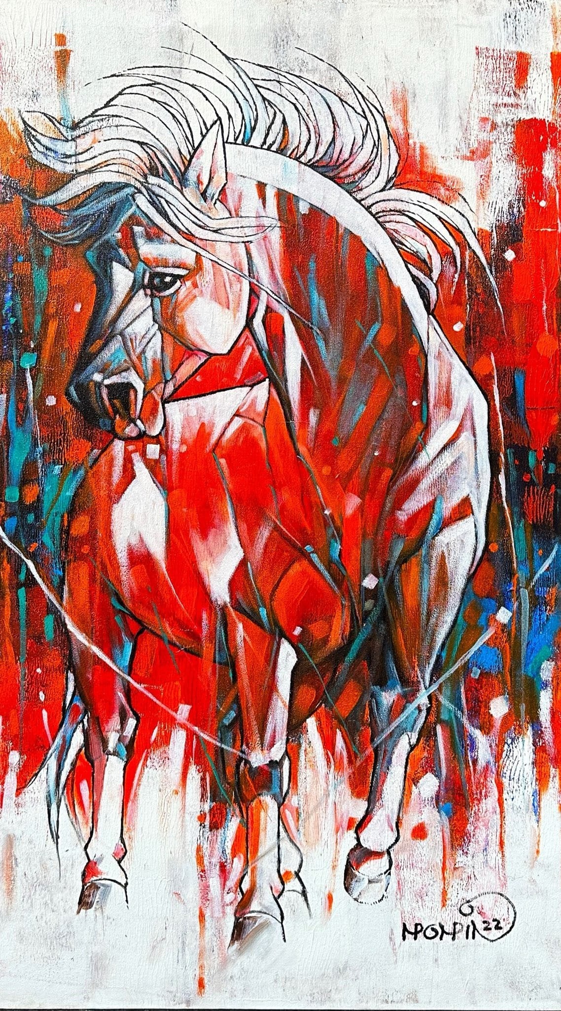 Momin Khan abstract horse oil painting on canvas 20x36 inches red stallion with white mane on abstract red blue and white background
