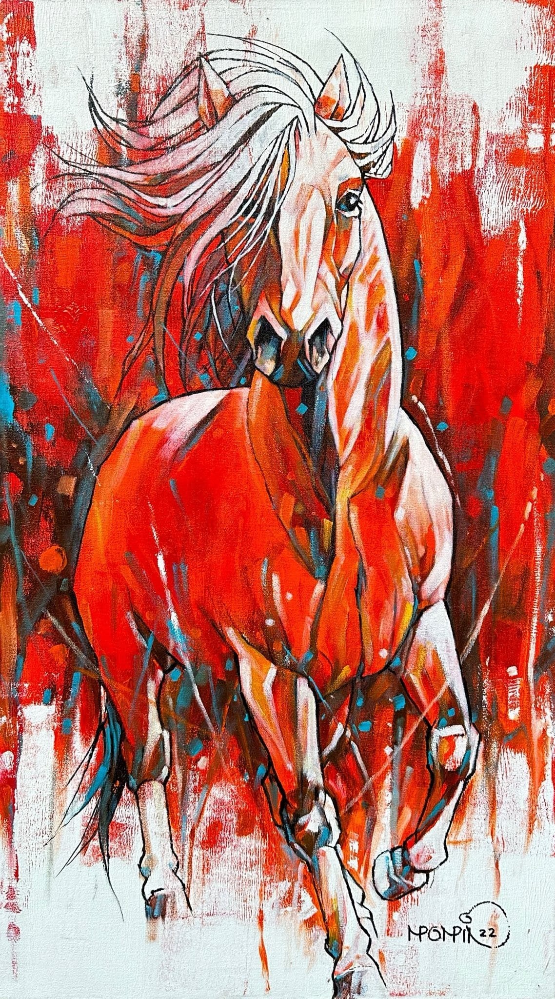 Momin Khan abstract horse oil painting on canvas 20x36 inches red stallion with flowing mane on abstract red white and blue background