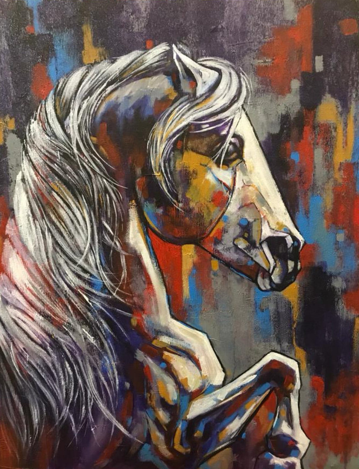 Original oil painting on canvas of a powerful white stallion horse with colorful background by Momin Khan.