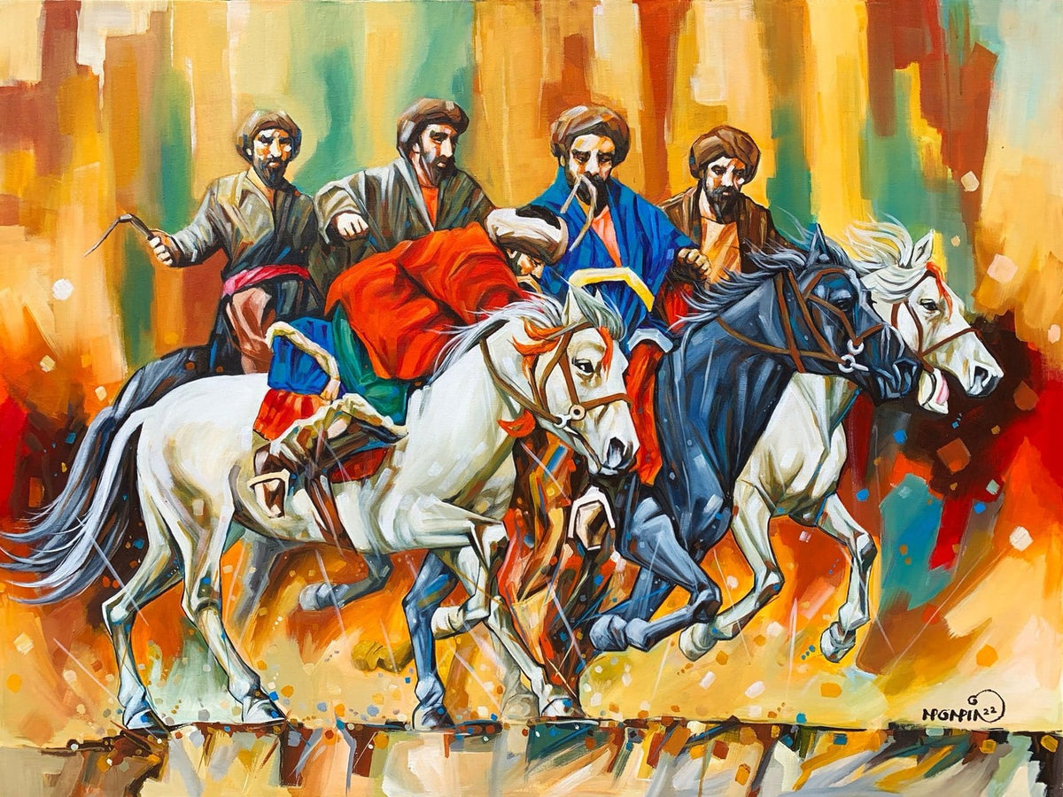 Momin Khan Buzkashi large oil painting on canvas 36x48 inches four riders on horses competing with colorful abstract background
