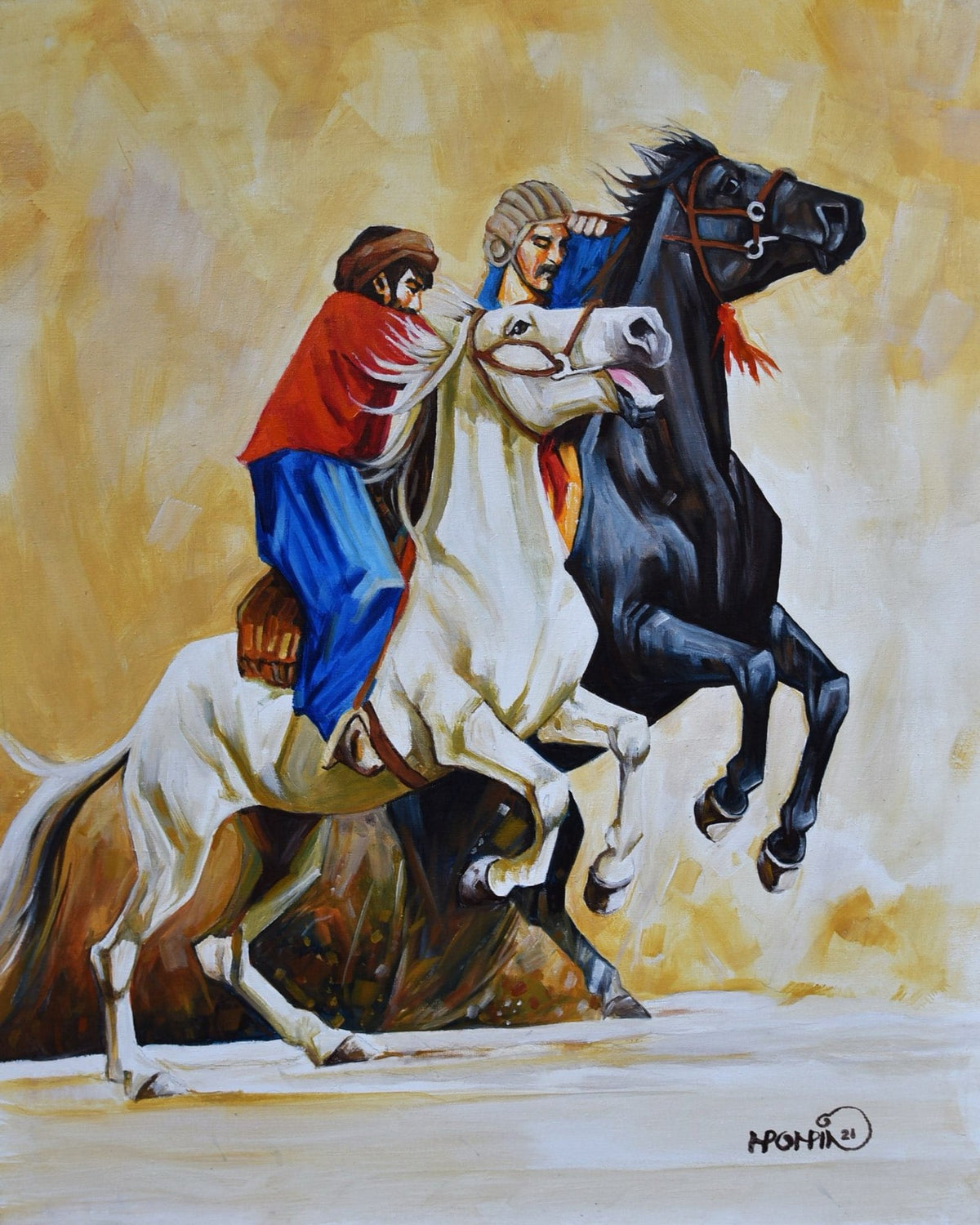 Momin Khan Buzkashi oil painting on canvas 24x30 inches two riders on white and black horses in action with golden background
