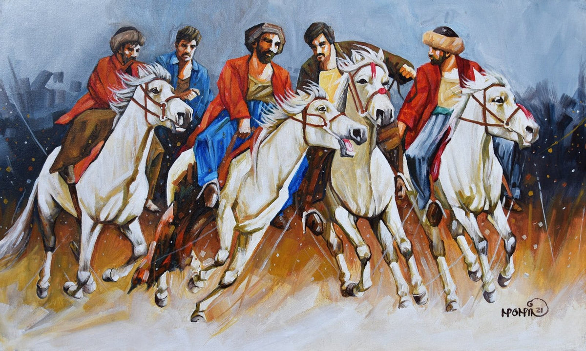 Momin Khan Buzkashi oil painting on canvas 18x30 inches five men on white horses in red jackets riding together