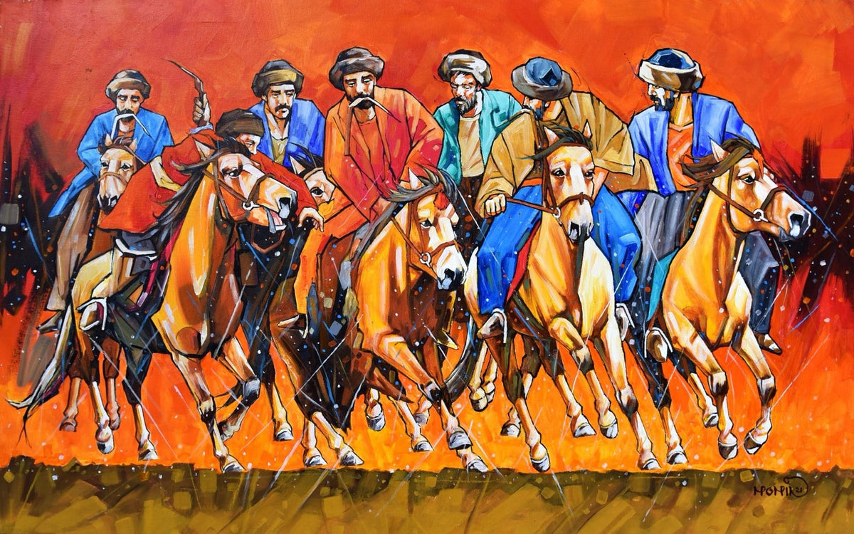 Momin Khan Buzkashi oil painting on canvas 30x48 inches group of horsemen on horses with traditional hats fiery orange background