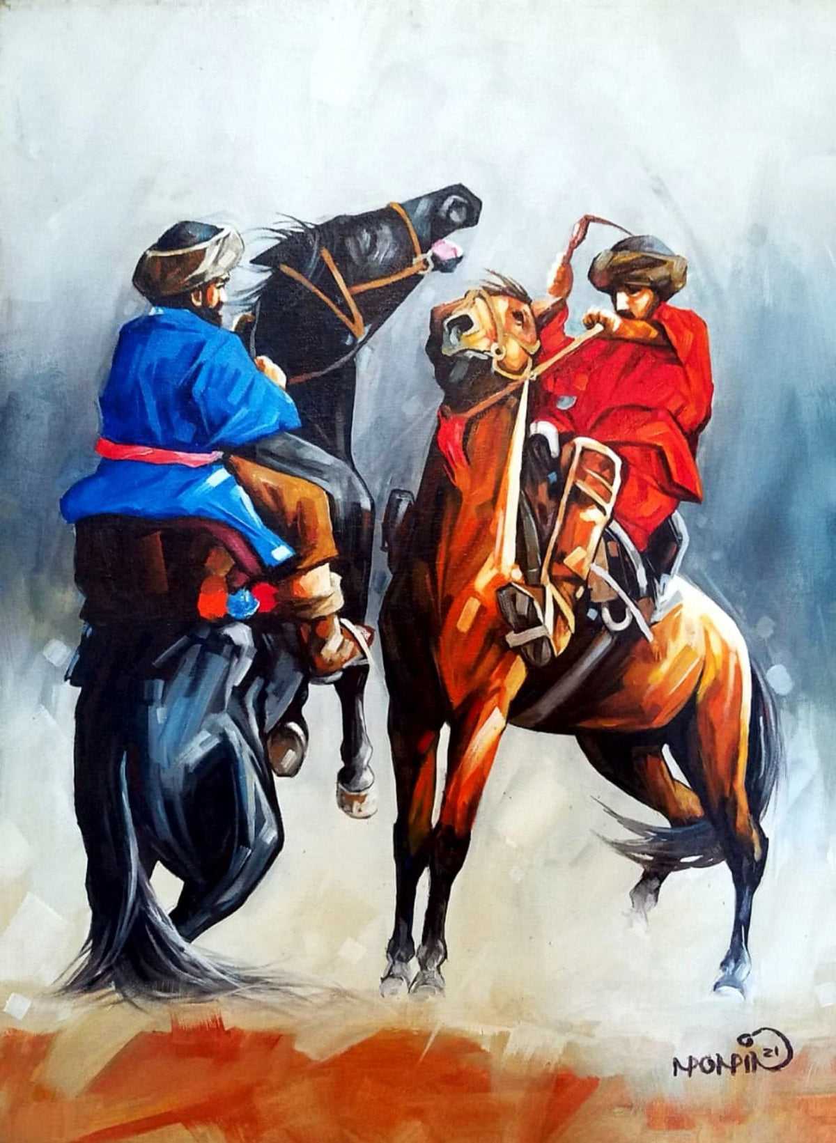 Momin Khan Buzkashi oil painting on canvas 18x24 inches two riders on brown and black horses with red and blue clothing and grey background