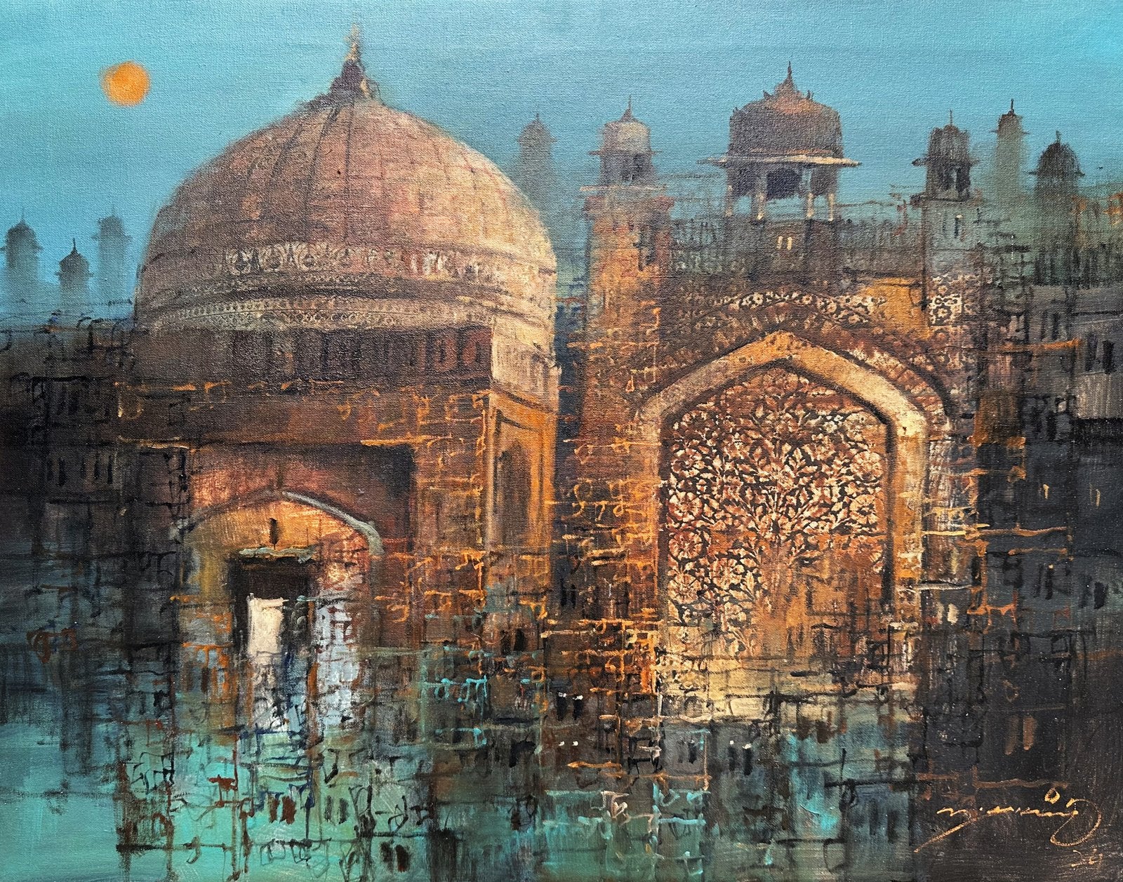 A.Q. Arif Mughal Mosque Dome Acrylic on Canvas 22x28 inches