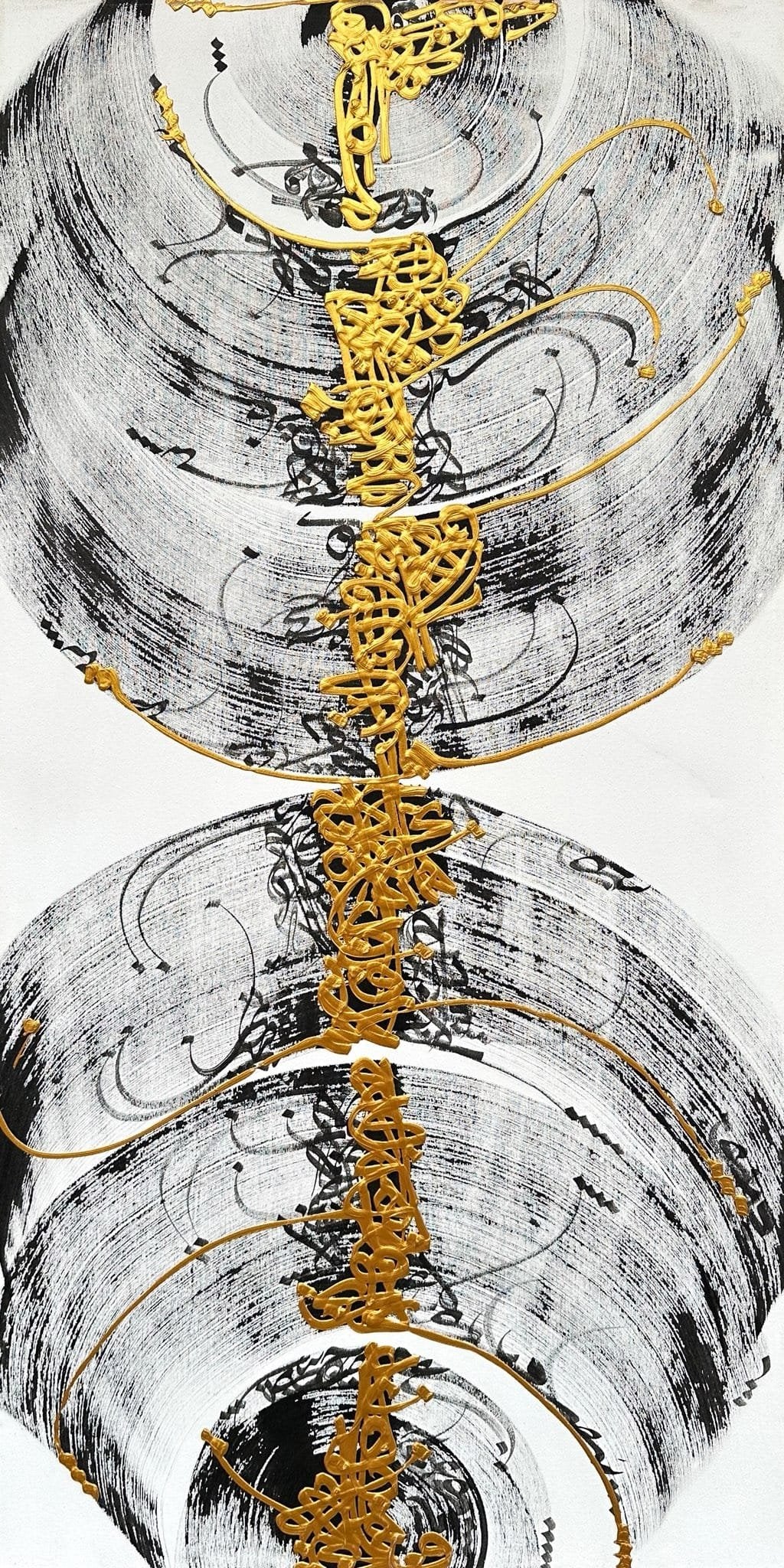 Muneeb Ali 24x48 acrylic on canvas - modern Islamic calligraphy with gold Arabic script on grey circular background