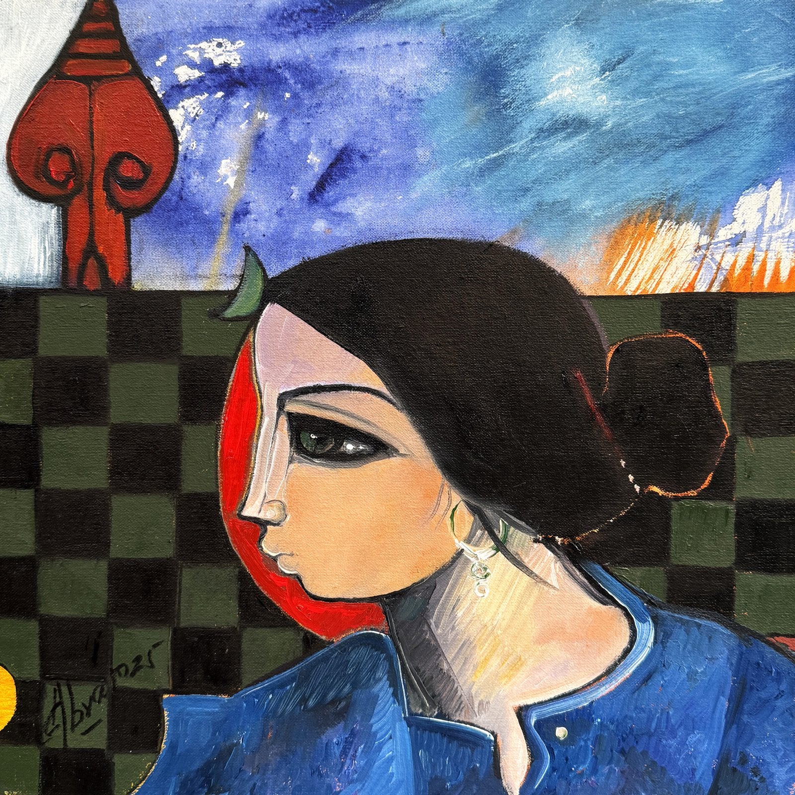 Abrar Ahmed Mystic Gaze Woman Portrait Oil on Canvas 14x14 inches