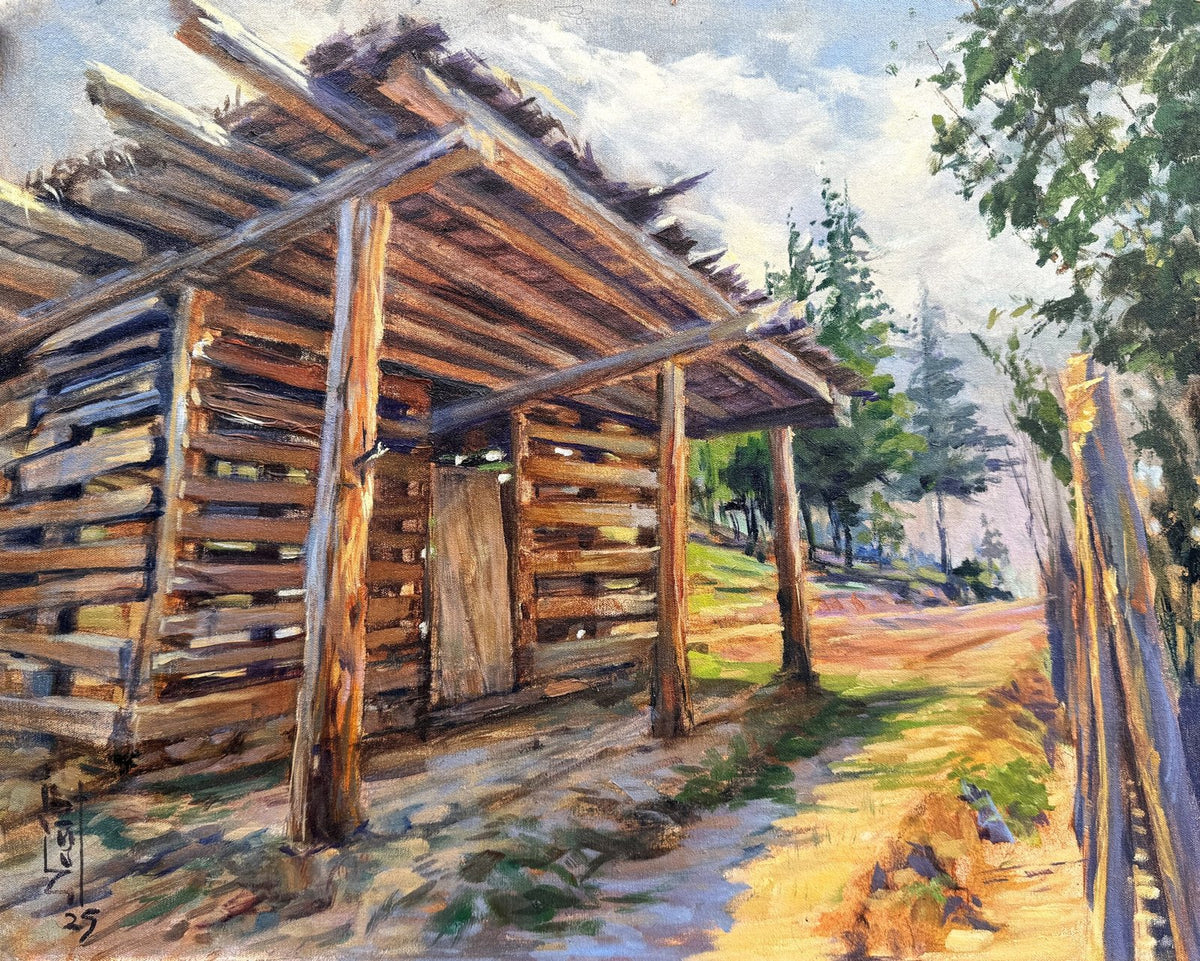 Nasir Shahzad Golden Valley Cabin oil on board 16x20 inches Pakistani rustic landscape painting
