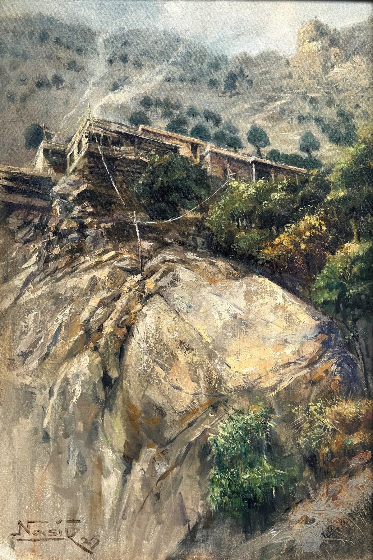Nasir Shahzad Golden Valley oil on board 16x24 inches Pakistani mountain landscape painting
