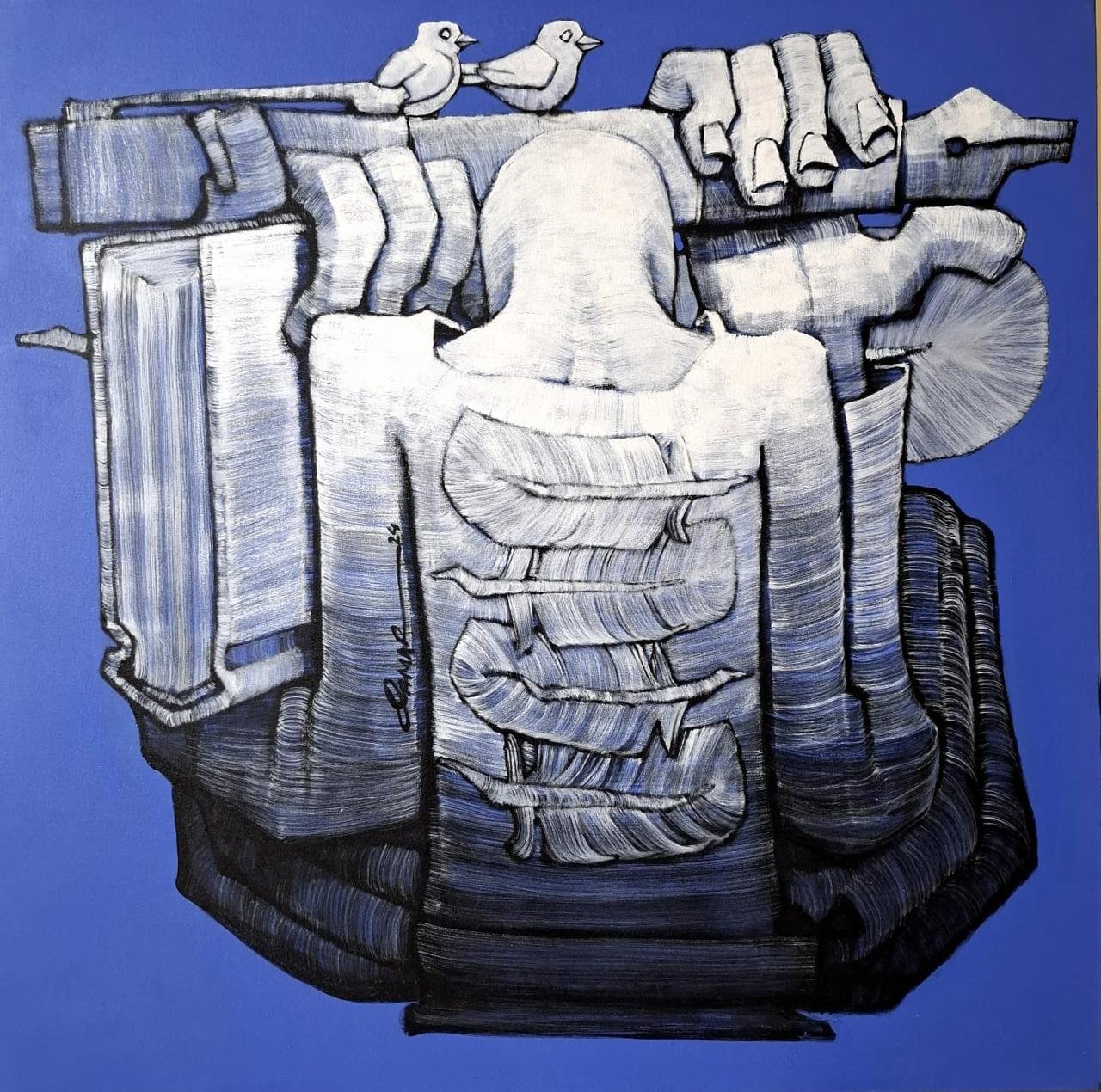 Qamar Siddiqui Back View Birds Pen Acrylic On Canvas 48x48 inches