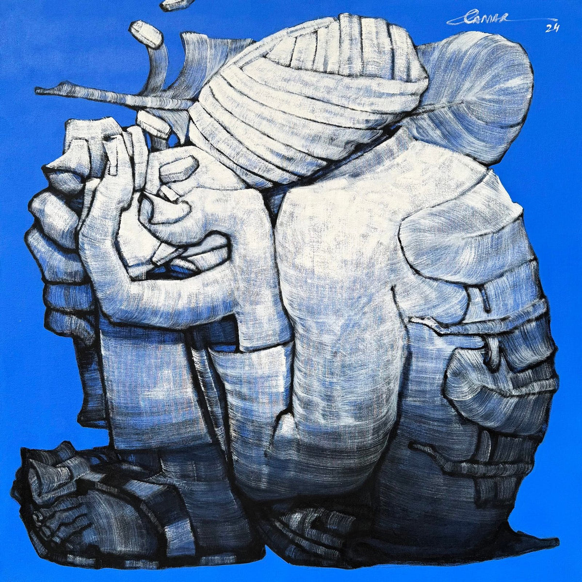 Qamar Siddiqui embrace acrylic painting on canvas 48x48 inches blue background Pakistani contemporary art figure with turban