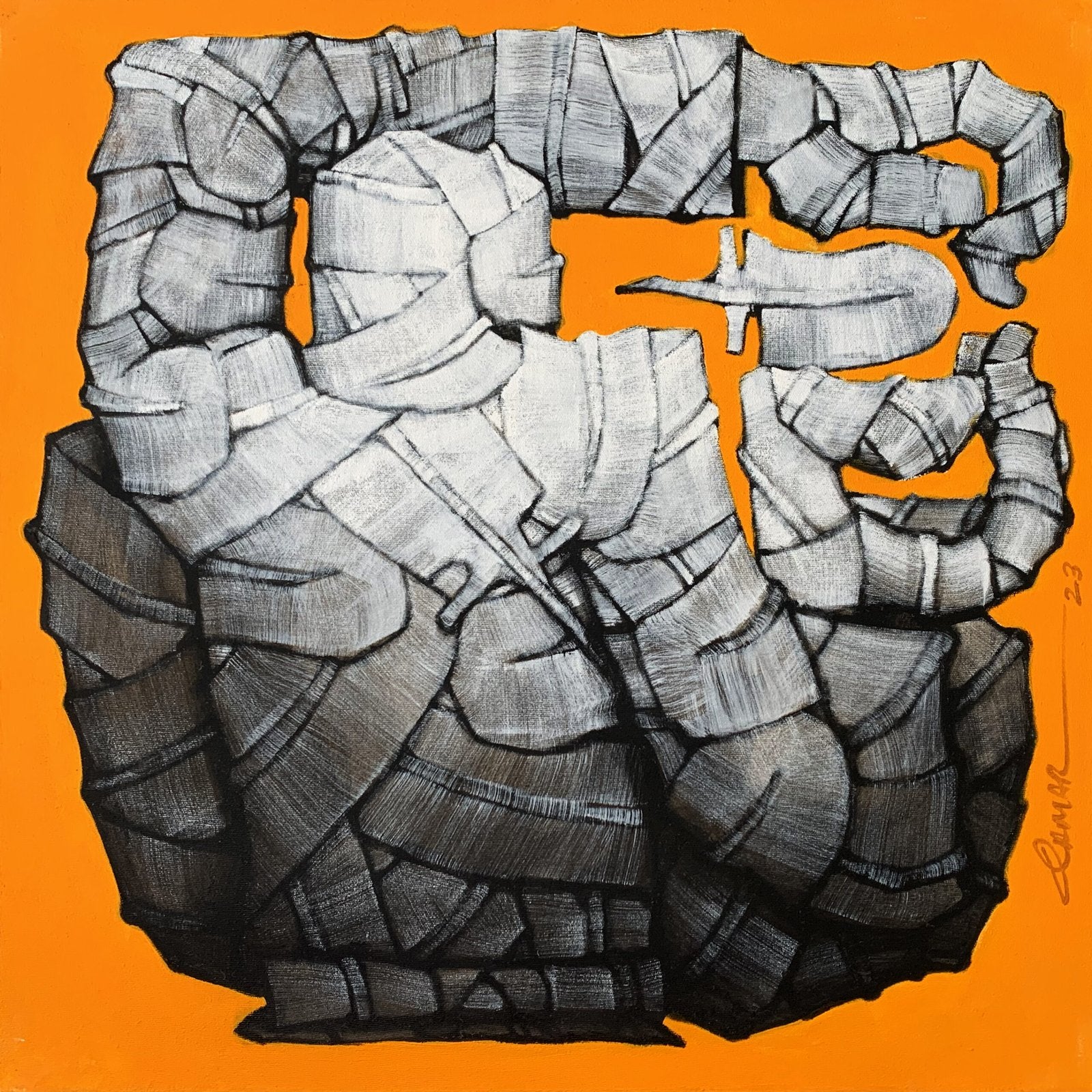 Qamar Siddiqui Orange Background Abstract Acrylic On Canvas 24x24 inches