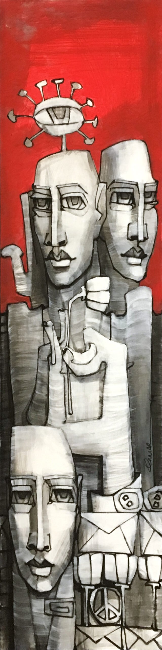 Qamar Siddiqui Red Background Figurative Faces Acrylic On Canvas 12x48 inches