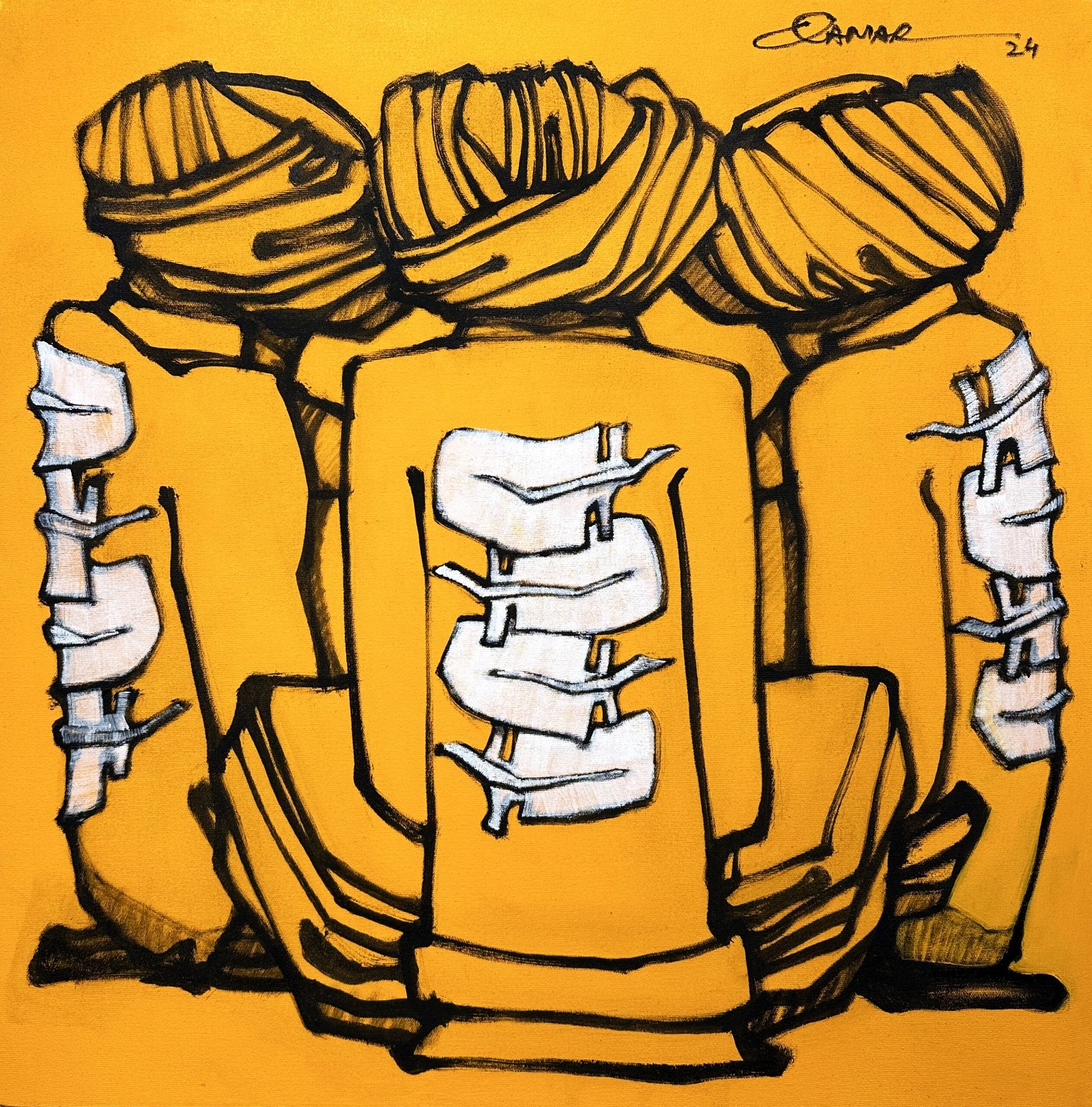 Qamar Siddiqui Three Figures Orange Abstract Acrylic On Canvas 24x24 inches