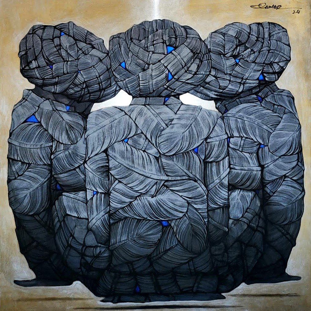 Qamar Siddiqui Three Figures Turbans Acrylic On Canvas 48x48 inches