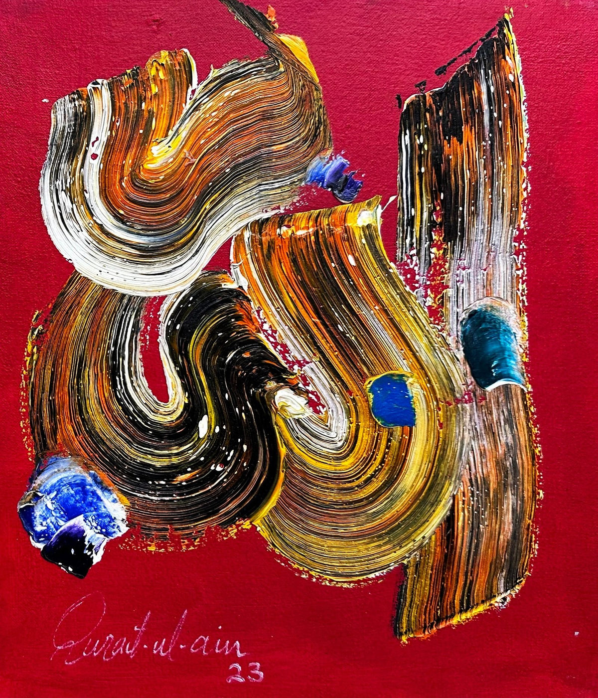 Qurat Ul Ain abstract red golden waves oil on canvas 12x14 inches red abstract impasto painting sold out
