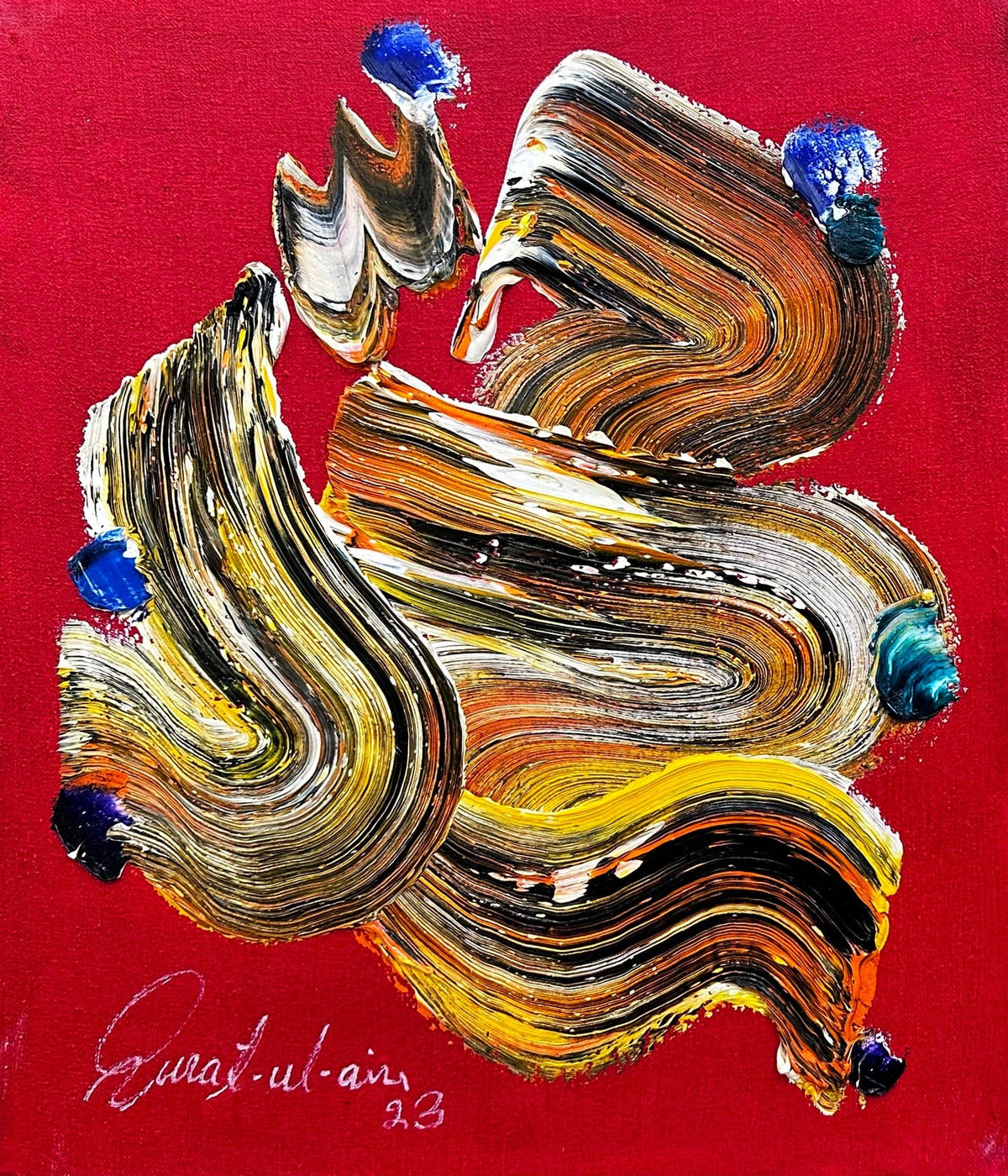 Qurat Ul Ain abstract red swirl symphony oil on canvas 12x14 inches red abstract impasto painting sold out