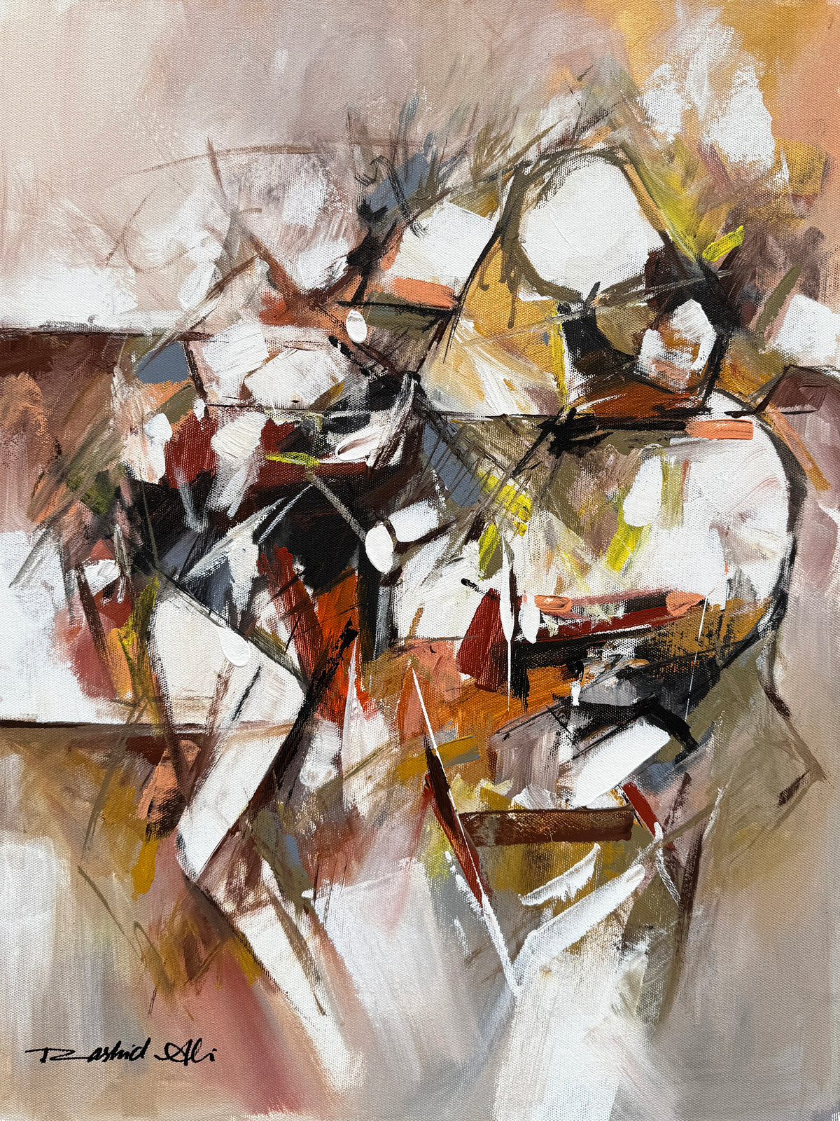 Rashid Ali abstract oil painting on canvas 18x24 inches fragmented motion artwork with bold white orange gold and black brushstrokes