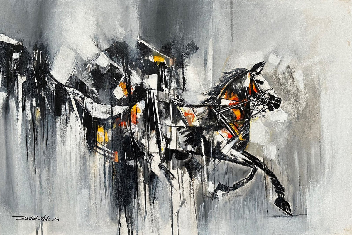 Rashid Ali Abstract Galloping Horse oil on canvas 24x36 inches abstract galloping horse black white grey expressive equine painting