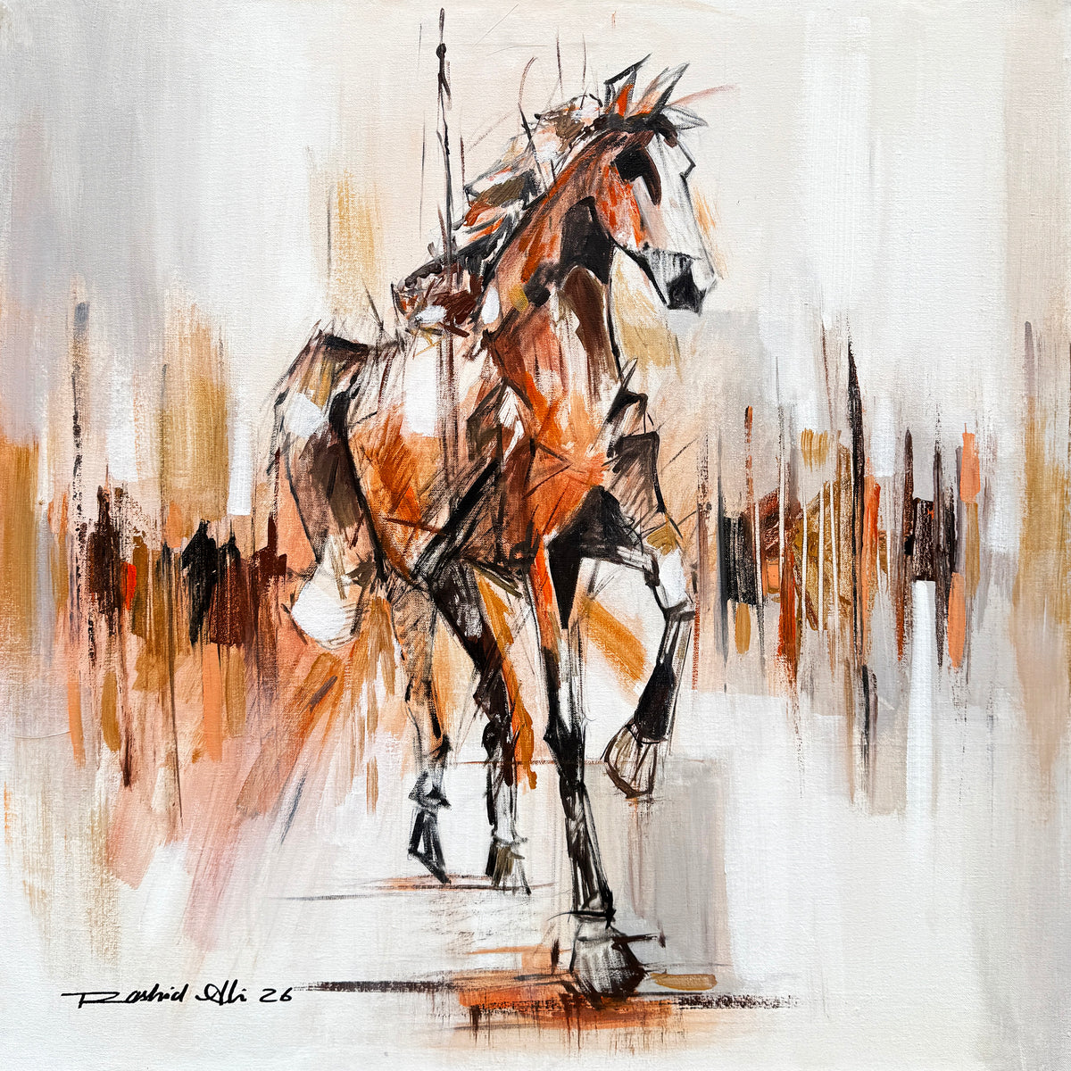 Rashid Ali abstract horse oil painting on canvas 24x24 inches modern geometric equestrian art with bold orange brown and white brushstrokes