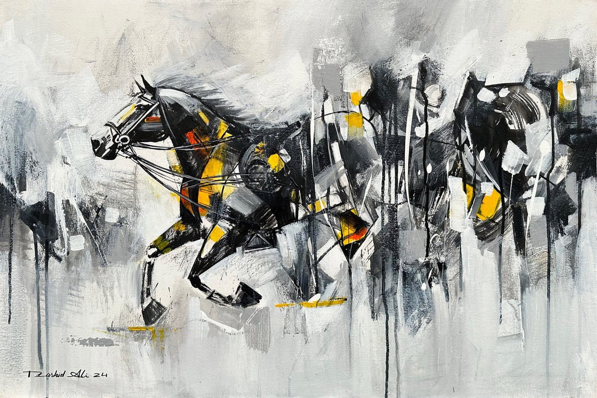 Rashid Ali Black Gold Abstract Galloping Horse oil on canvas 24x36 inches abstract black horse galloping yellow grey expressive equine painting