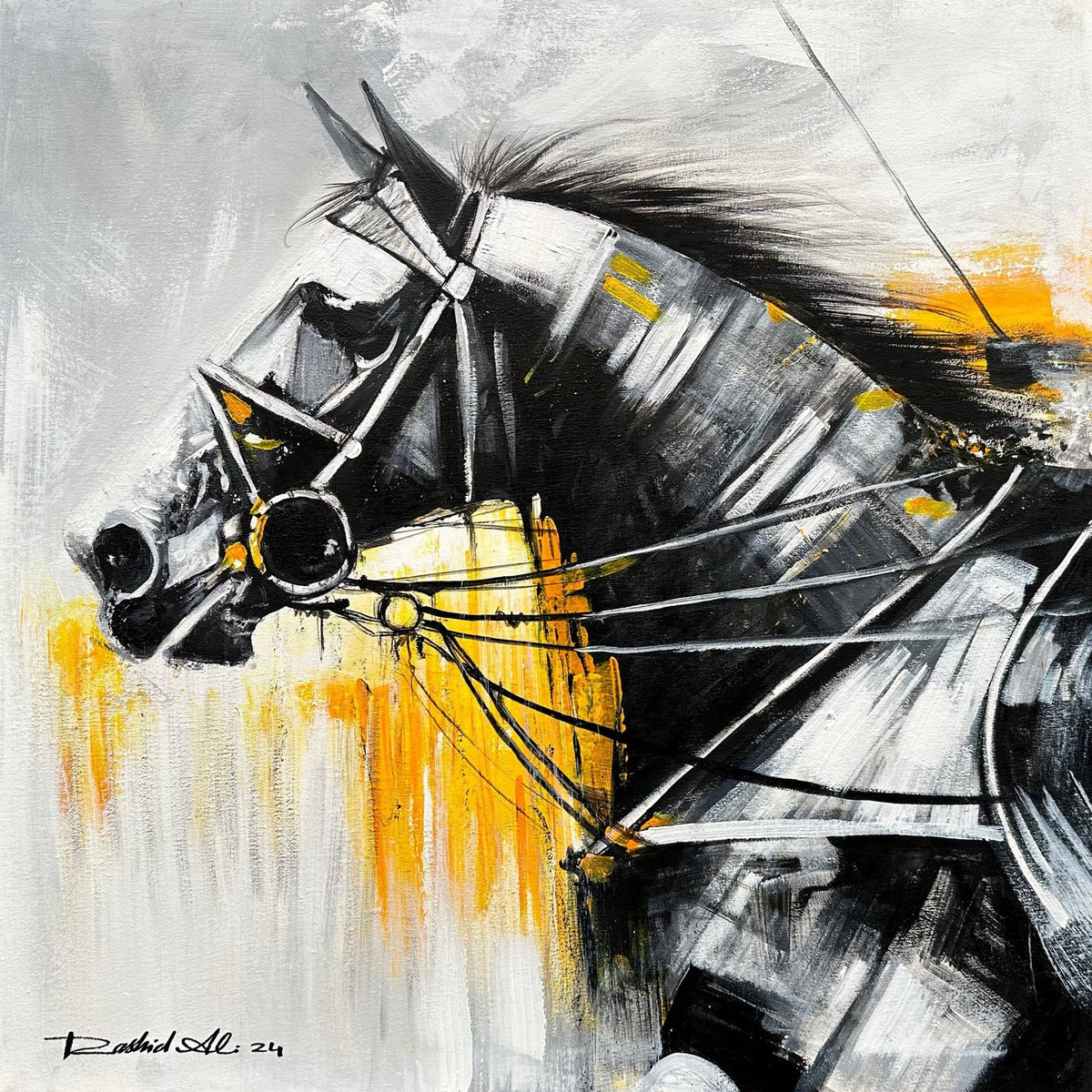 Rashid Ali Black Horse Profile oil on canvas 24x24 inches abstract black horse head profile golden yellow dripping equine painting