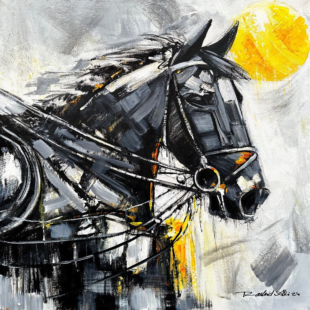 Rashid Ali black horse with sun oil on canvas 24x24 inches abstract black horse yellow sun painting sold out