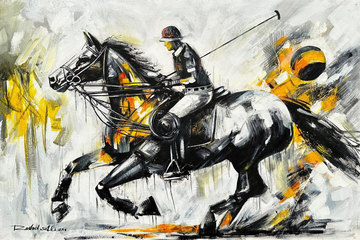 Rashid Ali black polo player action oil on canvas 24x36 inches polo horse rider mallet ball painting sold out
