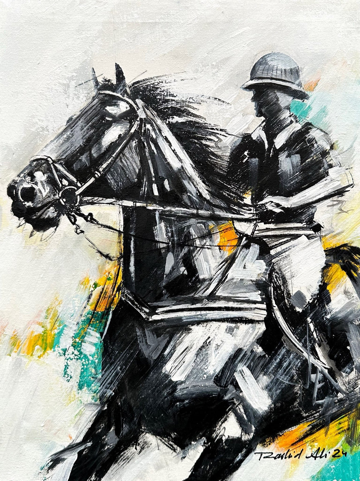 Rashid Ali black polo player side profile oil on canvas 12x16 inches polo horse rider painting sold out