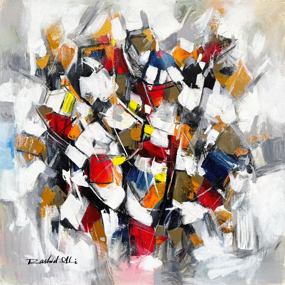 Rashid Ali chromatic fragments abstract oil painting on canvas 24x24 inches geometric composition with red gold white blue and black brushstrokes