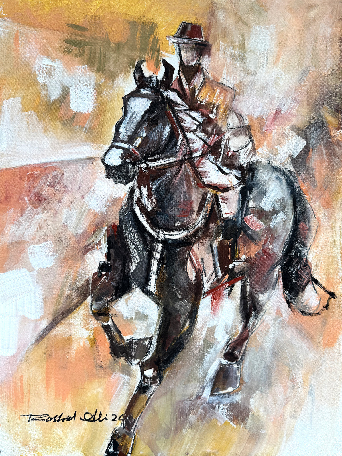 Rashid Ali equestrian rider oil painting on canvas 12x16 inches abstract horse and rider in gallop with amber gold and black brushstrokes
