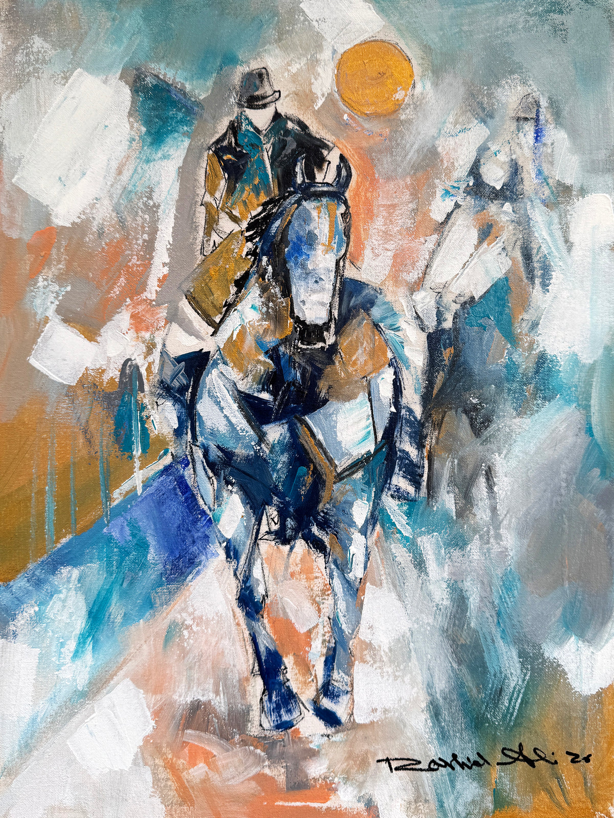 Rashid Ali equestrian rider oil painting on canvas 12x16 inches abstract horse and rider under golden sun in blue gold and white

