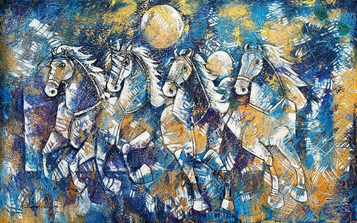 Rashid Ali Four Galloping Horses Moonlight oil on canvas 30x48 inches four horses galloping blue gold moonlight equine painting