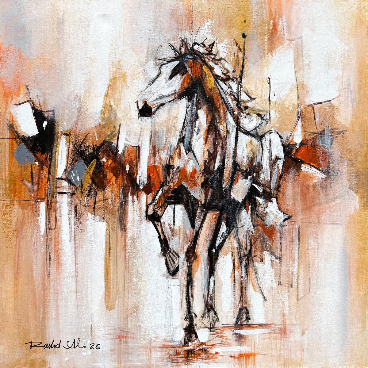 Rashid Ali golden spirit abstract horse oil painting on canvas 24x24 inches horse in motion with gold white and burnt orange background