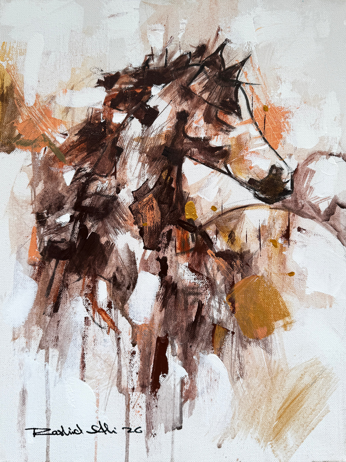 Rashid Ali horse head oil painting on canvas 12x16 inches abstract equestrian art with umber brown gold and white expressive brushstrokes