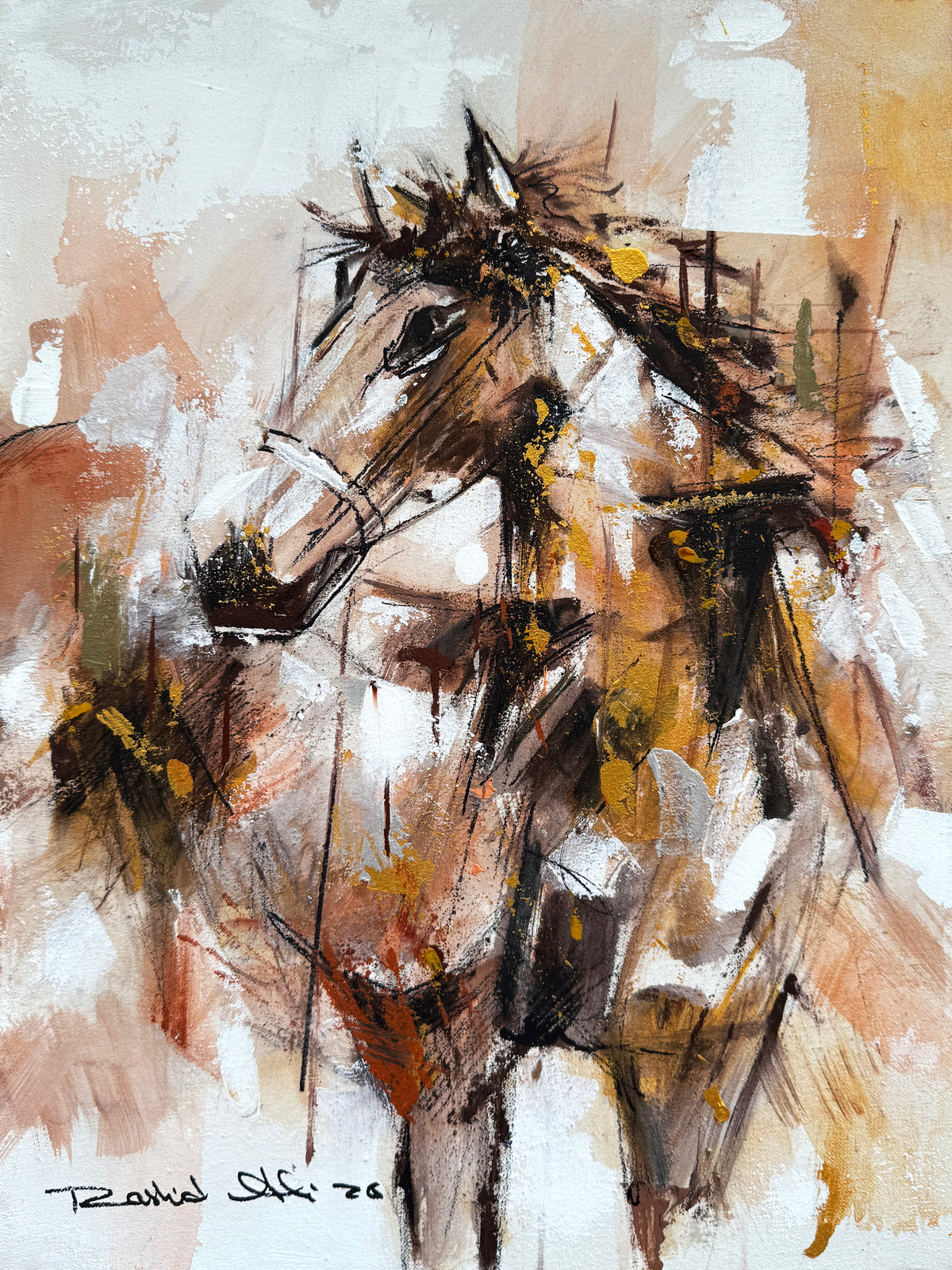 Rashid Ali horse portrait oil painting on canvas 12x16 inches abstract equestrian art with golden ocher white and black expressive brushstrokes