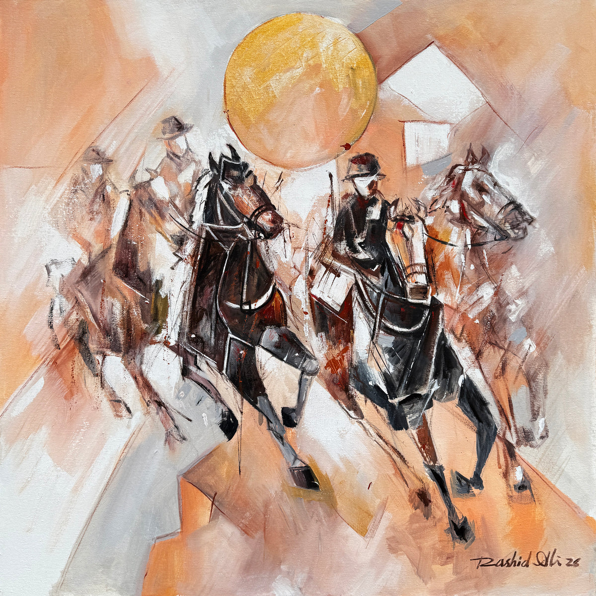 Rashid Ali horse riders oil painting on canvas 30x30 inches 4 riders galloping under golden sun abstract equestrian art in amber black and white
