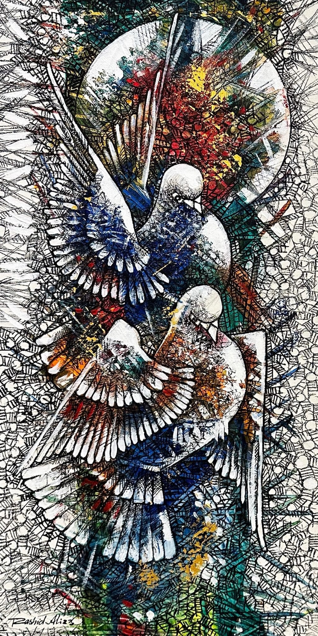 Rashid Ali Pigeons oil on canvas 12x24 inches two white pigeons dancing full moon crimson red textured vertical painting