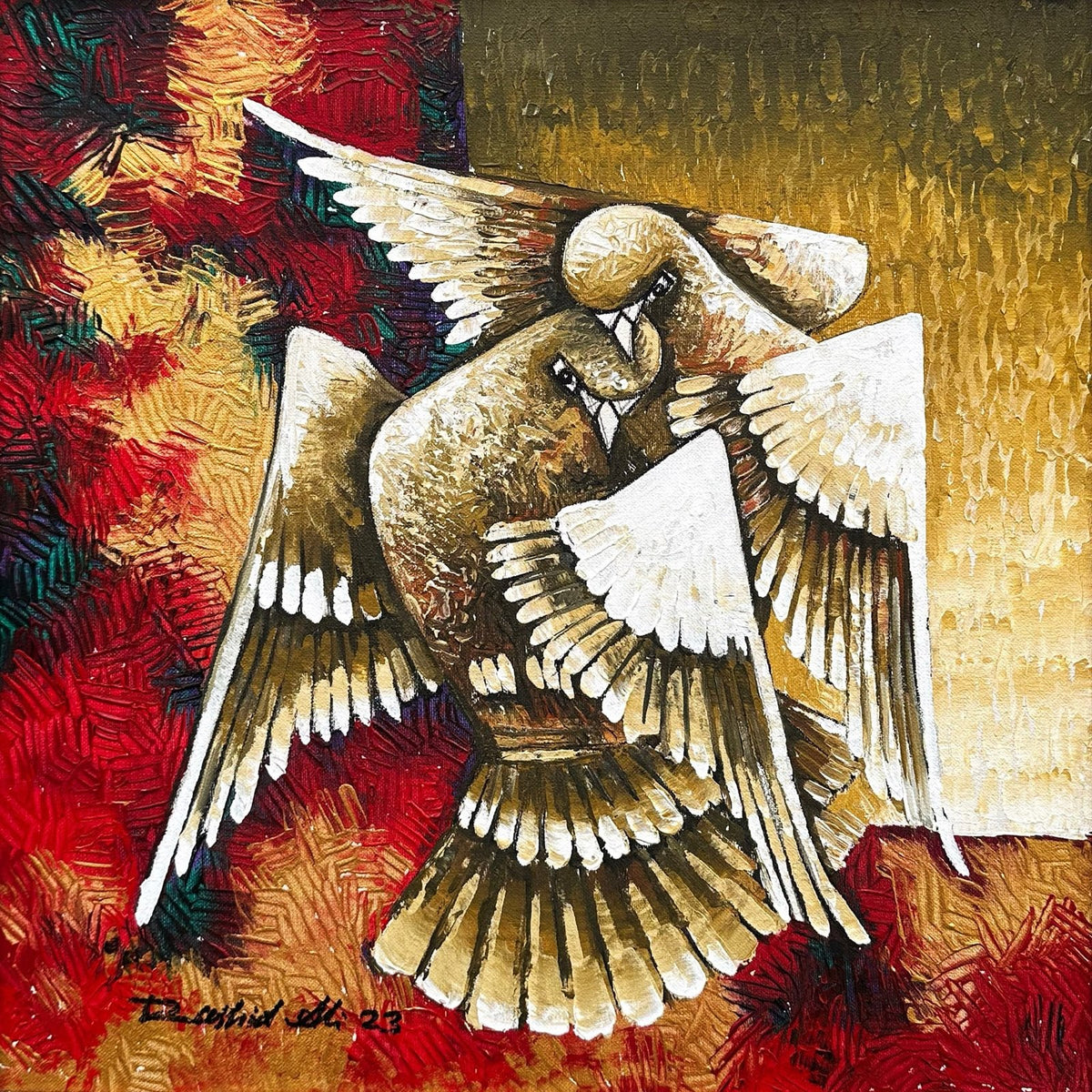 Rashid Ali Pigeons oil on canvas 16x16 inches two love pigeons embracing golden wings red gold textured painting
